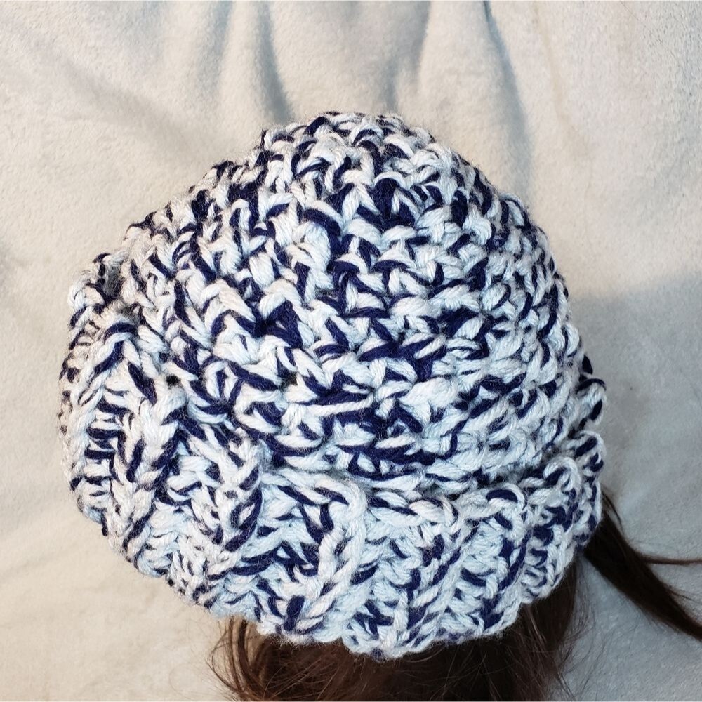 Crochet Beanie Hat, Ribbed, Chunky,  New, Handmade, Unisex, blue and grey